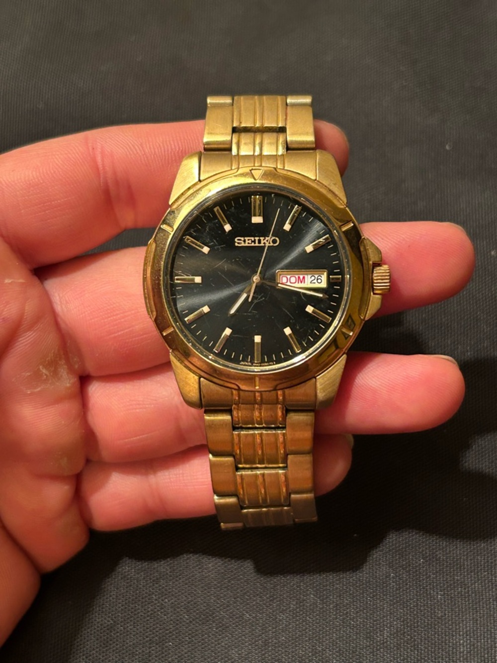 Seiko Essentials SUR358 Gold Stainless Steel Black Dial Day/Date Quartz Watch